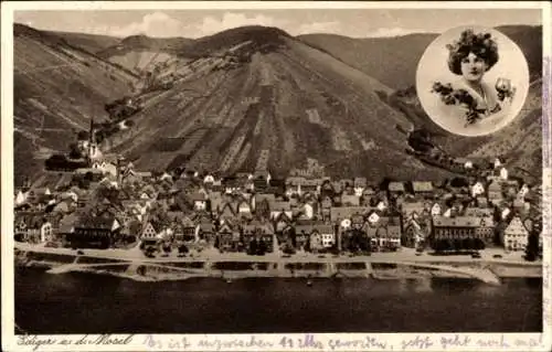 Ak Ediger Eller an der Mosel, Landschaft an der Mosel, Häuserreihe, Frau mit Blumenkranz, Porträt