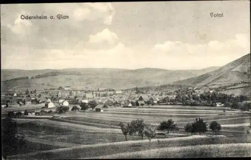 Ak Odernheim am Glan Rheinland Pfalz, Landschaftsansicht mit Feldern, Odernheim, Berge im Hinterg