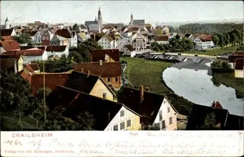 Ak Crailsheim in Württemberg, Stadtansicht von  Fluss, Brücke, Häuser, Verleger Ed. Rollwagen