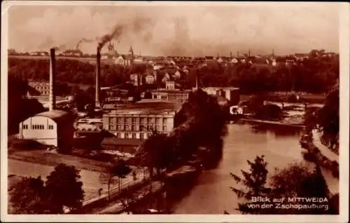 Ak Zschöppichen Mittweida in Sachsen, Hintergrund mit Hügeln, Industriegebäude, Zschopauburg, Flu