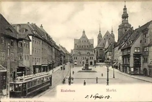 Ak Lutherstadt Eisleben, Marktplatz, Straßenbahn