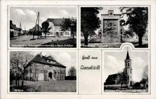 Ak Lunstädt Braunsbedra im Saalekreis, Fleischerei Schöne, Denkmal Roßbach, Schule, Kriegerdenkmal