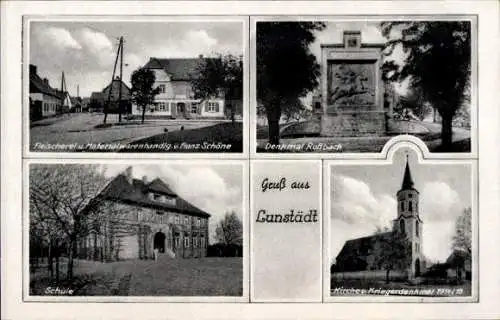 Ak Lunstädt Braunsbedra im Saalekreis, Fleischerei Schöne, Denkmal, Schule, Kirche, Kriegerdenkmal