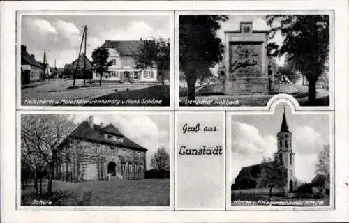 Ak Lunstädt Braunsbedra im Saalekreis, Fleischerei, Schule, Denkmal Roßbach, Kirche, Kriegerdenkmal