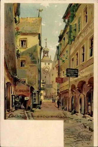 Künstler Ak Regensburg an der Donau Oberpfalz, Brückenstraße