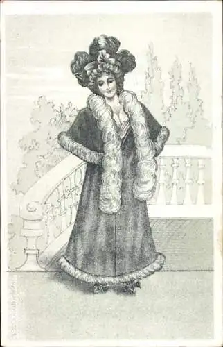 Litho Porträt einer jungen Frau, Mantel, Kleid