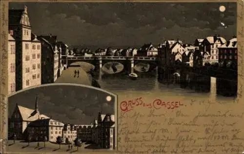 Mondschein Litho Kassel in Hessen, Flusspartie mit Teilansicht der Stadt