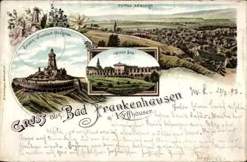 Litho Bad Frankenhausen am Kyffhäuser Thüringen, Gesamtansicht, Kaiser Wilhelm Denkmal