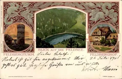 Jugendstil Litho Feldberg im Schwarzwald Baden Württemberg, Feldbergturm, Feldsee, Eichhörnchen