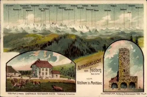 Litho Feldberg im Schwarzwald, Gasthaus Todtnauer Hütte, Alpenrundsicht, Feldbergturm
