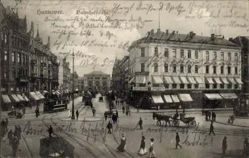 Ak Hannover in Niedersachsen, Bahnhofstraße, Bahnhof, Geschäfte, Straßenbahn, Menschen