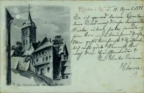 Mondschein Künstler Ak Minden in Westfalen, Hufschmiede, Marktkirche