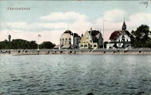 Ak Ostseebad Travemünde Lübeck, Ansicht der Uferpromenade, Gebäude, Wasser, Bäume