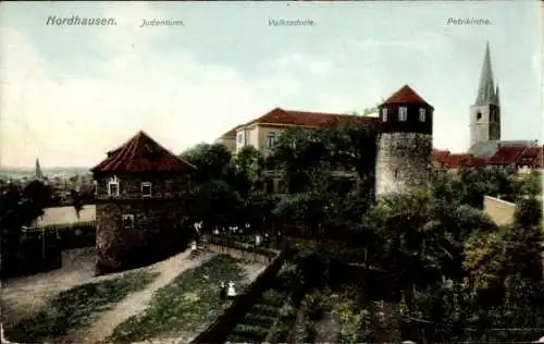 Ak Nordhausen am Harz,  Judenturm, Volksschule, Petrikirche, Landschaft