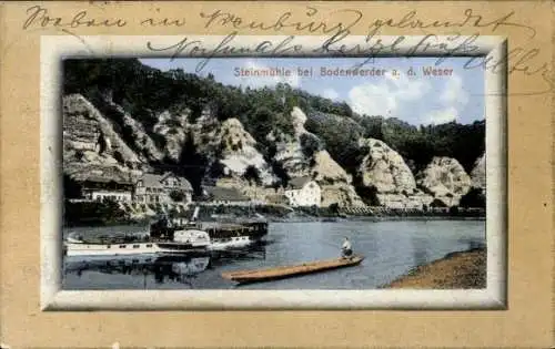 Ak Bodenwerder an der Weser, Steinmühle, Weser, Boote, schöne Natur