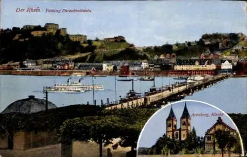 Ak Ehrenbreitstein Koblenz am Rhein, Rhein, Festung, Schiffbrücke, Kirche  Arenberg