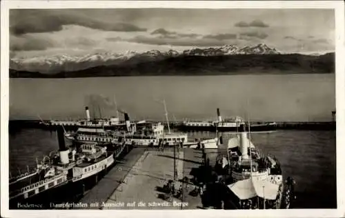 Ak Friedrichshafen am Bodensee, Dampferhafen, Schweiz. Berge, Schiffe, Landschaft