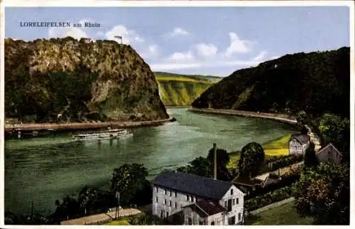 Ak St. Goarshausen am Rhein, Loreley, Loreleyfelsen, Dampfschiff