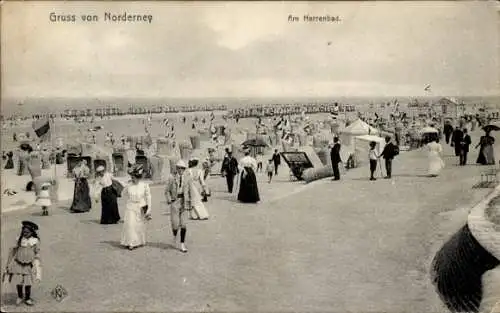 Ak Nordseebad Norderney Ostfriesland, Strandpromenade, viele Menschen, Strandkörbe, Sonnenschirme