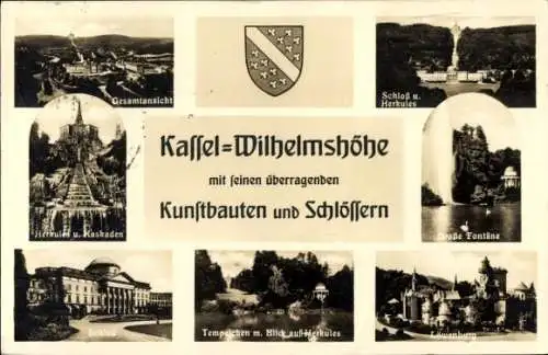 Ak Bad Wilhelmshöhe Kassel in Hessen, Gesamtansicht, Schloss und Herkules, Löwenburg