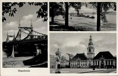 Ak Mannheim in Baden, Neckarbrücke, Rheinufer, Altes Rathaus, schwarz-weiß, 