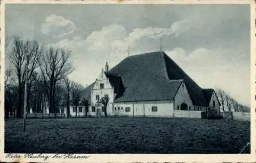 Ak Husum in Nordfriesland, Roter Hauberg, Bauernhaus, kahle Bäume, ländliche Umgebung