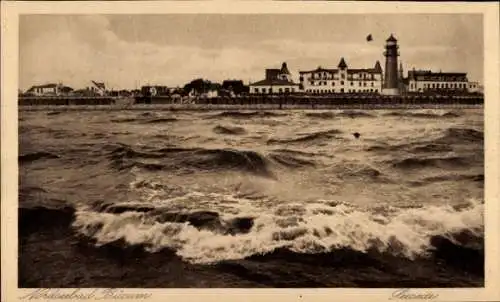 Ak Nordseebad Büsum, Ort vom Meer aus gesehen, Leuchtturm