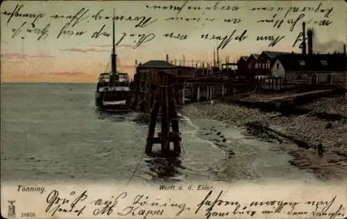 Ak Tönning an der Eider Nordfriesland, Hafenansicht, Werft, Dampfer, Holzpier, Abendstimmung, Sch