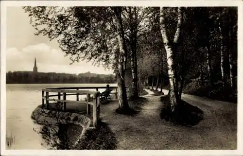 Ak Bad Segeberg in Holstein, See Landschaft, Bäume, Parkweg, Einzelperson auf Bank, Bad Segeberg