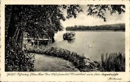 Ak Plön am See Holstein, Gasthof zur Fegetasche, Abfahrendes Motorboot