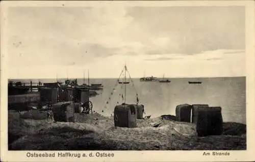 Ak Haffkrug Scharbeutz Ostholstein, Ostseebad, Strand, Schiffe, Strandkörbe, ruhige Atmosphäre