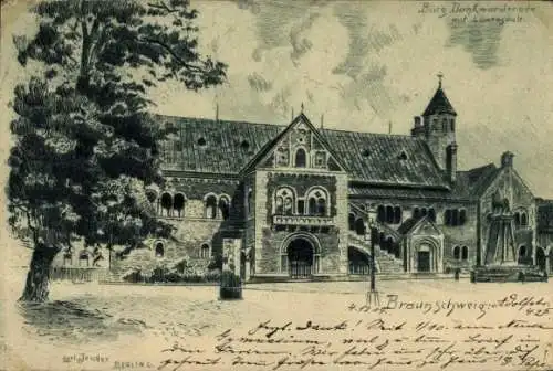 Ak Braunschweig in Niedersachsen, Burg Dankwarderode,  Architektur, Bäume, Tafel mit Text auf 