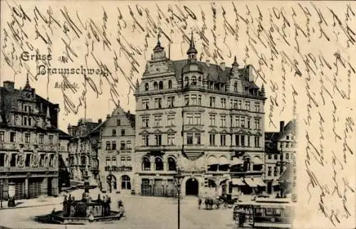 Ak Braunschweig in Niedersachsen, Historisches Gebäude, Platz, Brunnen, nstil, geschriebener Text