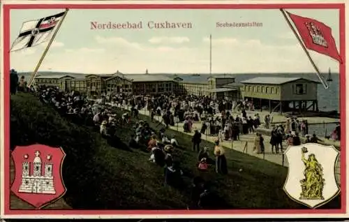 Ak Nordseebad Cuxhaven, Nordseebad  Seebadeanstalten, viele Menschen, Flaggen