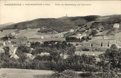 Ak Hasserode Wernigerode im Harz, Panoramaansicht, Kapitelsburg, Kaiserturm, Harz