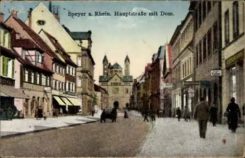 Ak Speyer am Rhein, Hauptstraße mit Dom,  Architektur, Stadtansicht, detaillierte 