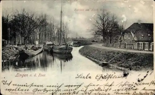 Ak Lingen im Emsland, Schiff im Kanal, Bäume, Gebäude am Ufer, 
