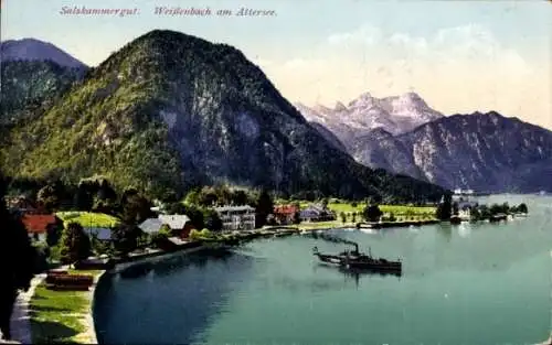 Ak Weißenbach am Attersee in Oberösterreich, Panoramaansicht, Berge, See, Häuser, Schiffe