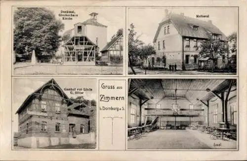 Ak Zimmern bei Jena Thüringen, Molkerei, Gasthaus zur Linde, Saal, Denkmal, Kirche