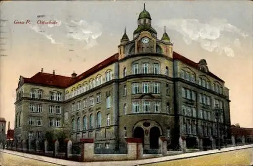 Ak Gera in Thüringen, Ostschule,  Architektur, detailreiche Farben, Uhrenturm