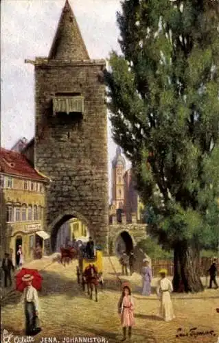 Ak Jena in Thüringen, Johannistor,  Architektur, Pferdewagen, Passanten, Bäume