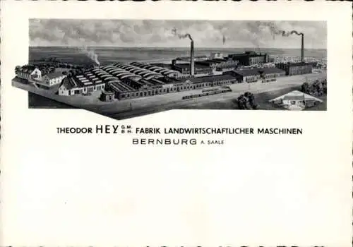 Ak Bernburg an der Saale, Fabrik von Theodor Hey, Landwirtschaftliche Maschinen, Rauchfänge