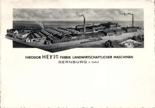 Ak Bernburg an der Saale, Fabrik von Theodor Hey, Landwirtschaftliche Maschinen, Industriegebäude