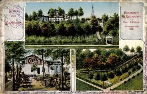 Ak Bernburg an der Saale, Gruss aus  Restaurant Bellevue, H. Hahne, viele Bäume, Außenbereich