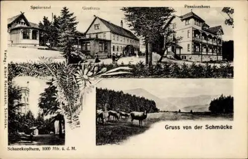 Ak Gehlberg Suhl in Thüringen, Speisesaal, Gasthaus, Pensionshaus, Schneekopfturm, Gruß von der S