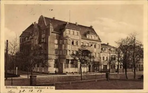 Ak Bitterfeld in Sachsen Anhalt, Bankhaus Schauseil & Co.,  Architektur, Stadtansicht, Bäume, 