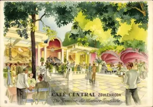 Ak Zeulenroda in Thüringen, Café Central, die Terrasse, Marmor Tanzdiele, Menschen in eleganter K