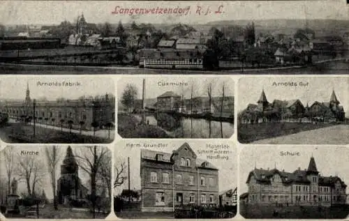 Ak Langenwetzendorf in Thüringen,  Arnolds Fabrik, Cuxmühle, Arnolds Gut, Kirche, Schule