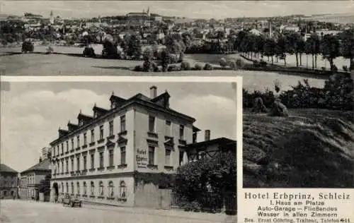 Ak Schleiz im Vogtland Thüringen, Hotel Erbprinz, Landschaft, Auto-Garage, fließendes Wasser