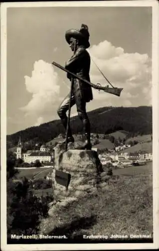 Ak Mariazell Steiermark, Erzherzog Johann Denkmal, Statue, Berglandschaft, Wolken
